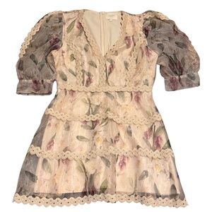 Arose Studio Alkia Puff-Sleeve Lace-Trim Floral Mini Dress NWT Size Large